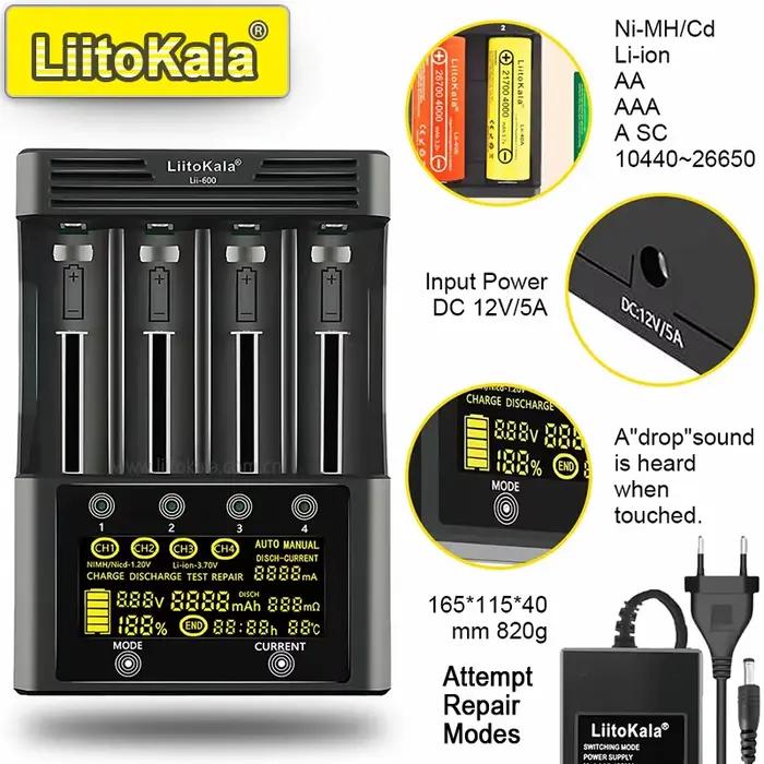 LiitoKala Lii-600 chargeur intelligent pour 18650/21700/26650/AA/AAA/Ni-MH/Li-ion, écran LCD, charge