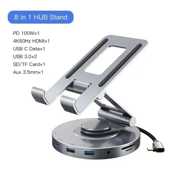 CABLETIME USB C Hub 8 en 1 DOCK 360 support rotatif HDMI 4K 60Hz PD 100W USB 5Gbps SD TF Aux 3.5mm p