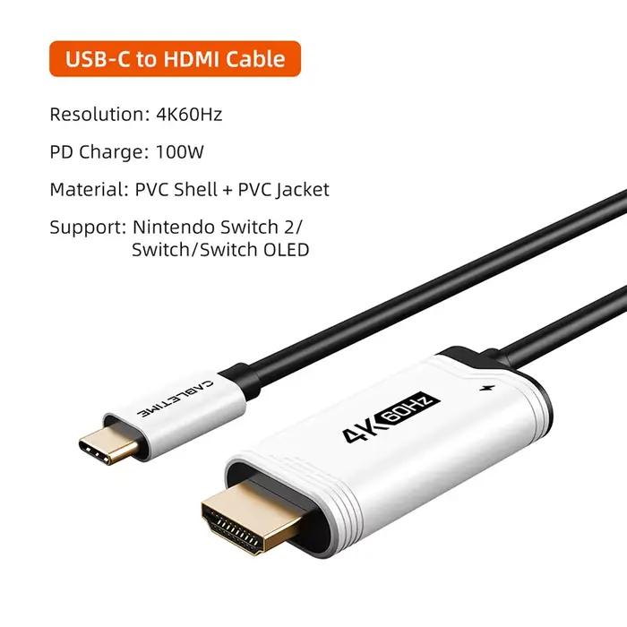 CABLETIME Câble HDMI 4K 60Hz HDR PD 100W Switch 2, adaptateur USB C vers HDMI pour Nintendo Switch 1