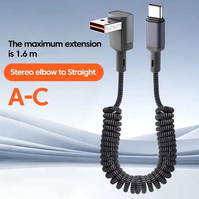 Câble de données à ressort flexible Type C/USB 100W, charge ultra-rapide, double câble de charge mob