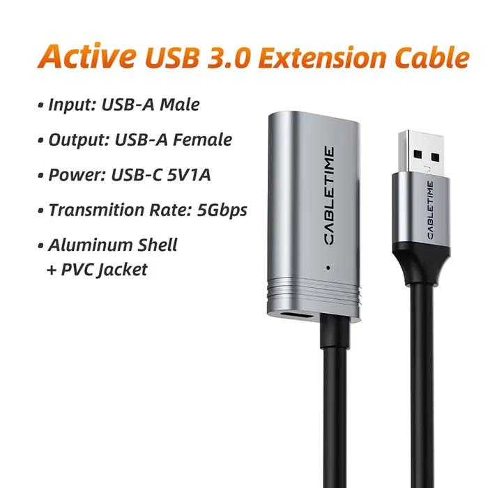 CABLETIME Câble d'extension USB 3.0 actif mâle vers femelle 5m 10m 15m 20m avec amplificateur, rallo