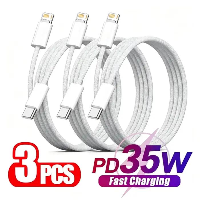 Câble tressé de charge rapide PD 35W, 3 pièces, pour iPhone 11 12 13 Mini 14 Pro Max X XR XS Max 8 1
