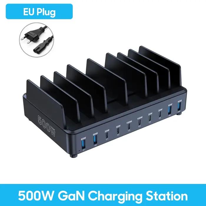 Chargeur USB C 500W, 10 Ports GaN, Station de Charge PD 100W, Charge rapide pour MacBook Pro, iPhone