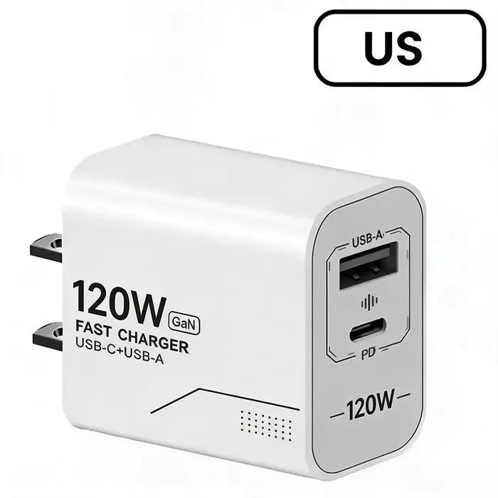 Chargeur USB C GaN 120W à 2 ports, charge rapide, adaptateur secteur pour iPhone, Samsung, Xiaomi, t