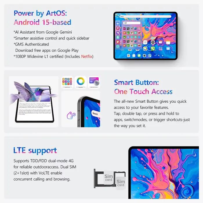 Teclast ArtPad Pro 12.7 "2.2K UHD affichage 20GB RAM (8 + 12 virtuels) 256GB ROM Helio G99 10000mAh 