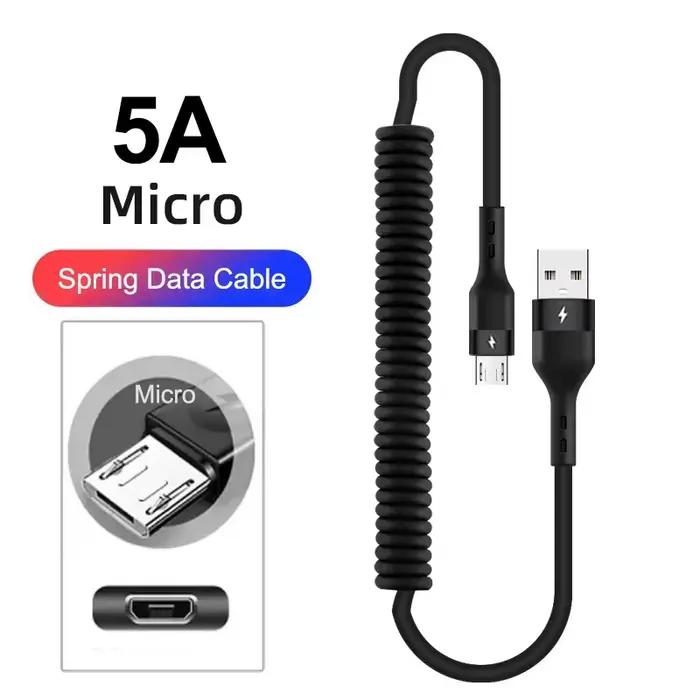 Câble de charge rapide USB Type C, 40W, 5A, 3A, Micro USB, Spring Rib, Télescopique, Câble de voitur