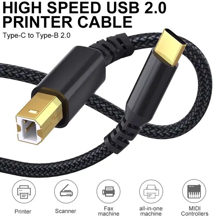 Câble d'imprimante USB Type C vers USB B, gris, tressé, pour imprimante/scanner Canon, Epson, HP, Sa