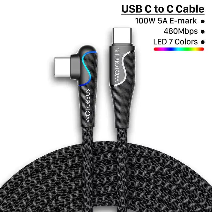 Câble USB C vers USB C 3m/10ft 100W 5A E-Marker, WOTOBE 10ft LED 7 couleurs 90° °   Cordon USB Type-