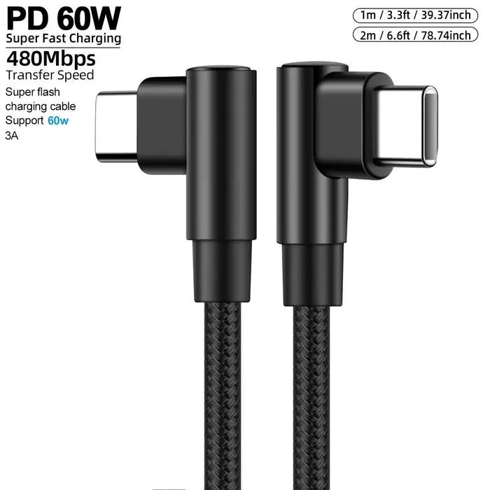 Câble USB-C vers C double en forme de L LAIHONEN 60W, tressé en nylon, résistant aux nœuds, 480 Mbps