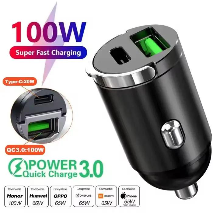 Mini chargeur de voiture double port 100W 200W, charge rapide 12 24V, chargeur USBC pour iPhone Sams