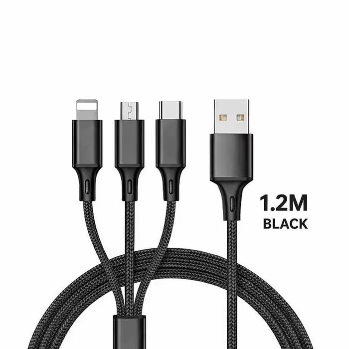 Câble de charge multi-prise 3 en 1 2.4A Type C Lightning Micro USB 1.2m pour iPhone Samsung Xiaomi A