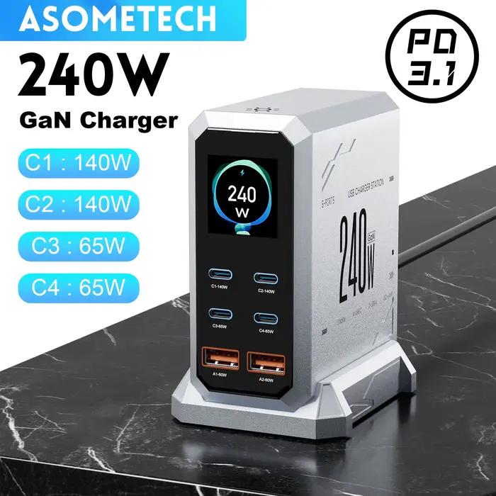 Chargeur numérique GaN 240W PD3.1, USB Type C 140W, 6 Ports, Station de charge rapide pour ordinateu