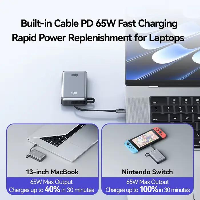 Zime Z3 65W Power Bank Portable 20000mAh Chargeur Rapide PD avec Câble Type-C Rétractable pour Ordinateurs Portables et