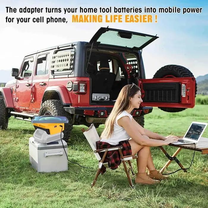 Chargeur sans fil 18V avec pads de recharge rapide et ports USB et Type C pour recharge batterie externe portable et sécurité des appareils électroniques usage extérieur