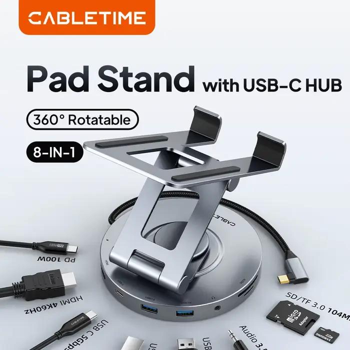 CABLETIME USB C Hub 8 en 1 DOCK 360 support rotatif HDMI 4K 60Hz PD 100W USB 5Gbps SD TF Aux 3.5mm pour iPhone iPad Pro tablette