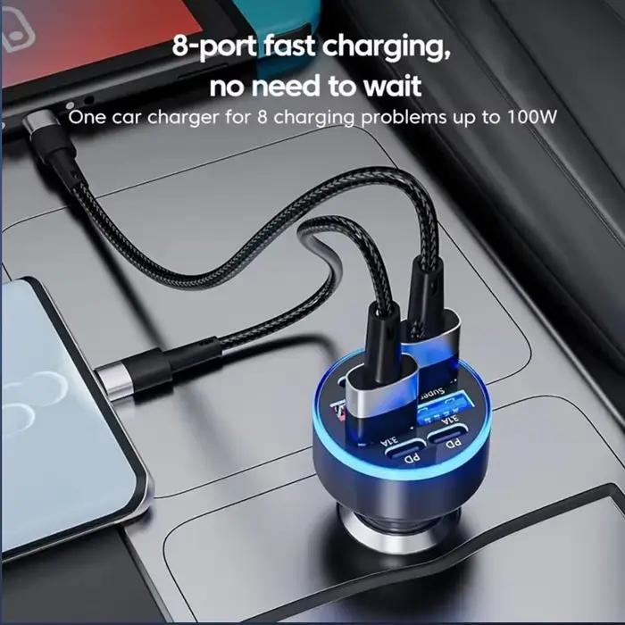 Chargeur de voiture super rapide 8-en-1 – Prise de charge rapide pour iPhone 17 16 15 14 Pro Max, Samsung, Oppo, Vivo, tablettes, ordinateurs portables et appareils intelligents