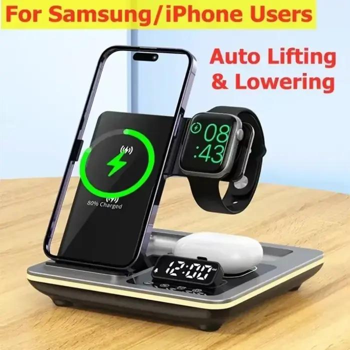 Chargeur sans fil 5 en 1 avec réveil, lampe LED, station d'accueil et charge rapide pour iPhone Apple Watch et AirPods