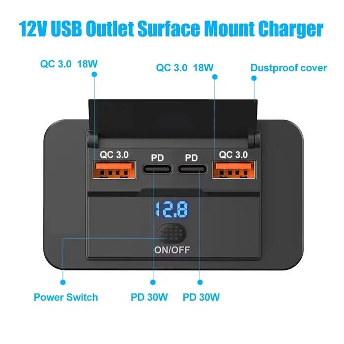 Chargeur de Voiture Multi-Ports PD+QC3.0 avec Interrupteur pour Recharge Rapide Compatible Téléphones Tablette GPS Occasions Spéciales
