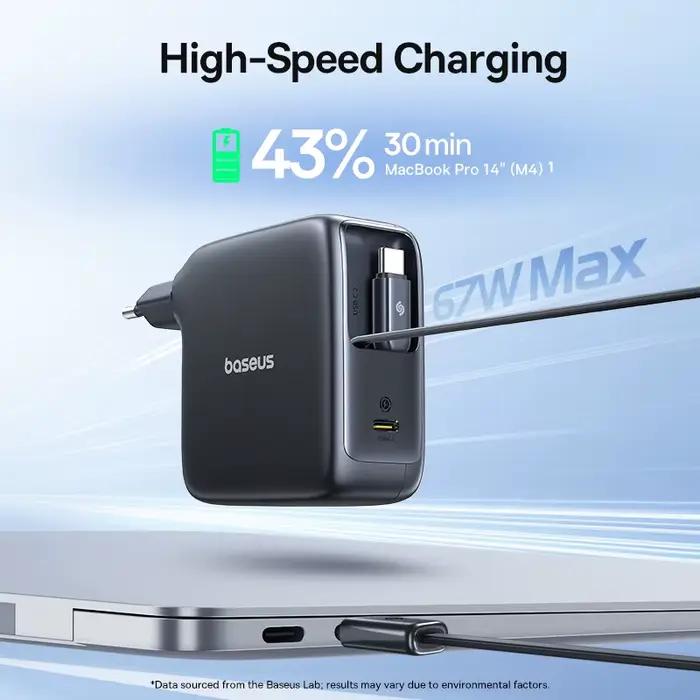 Chargeur rapide GaN Baseus 67W avec câble rétractable pour iPhone Samsung et ordinateur portable charges rapides multiples protocoles de recharge sécurités certifications