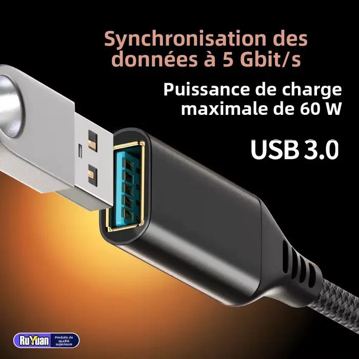 Câble d'extension USB3.0 Type A mâle à femelle tressé robuste pour transfert rapide de données compatible avec clavier USB et souris diverses longueurs disponibles