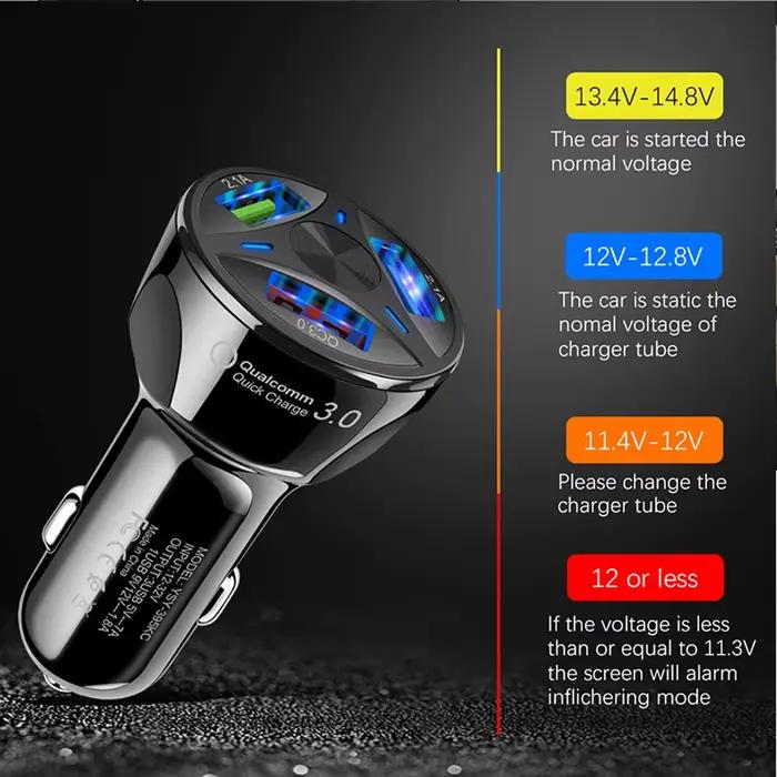 Chargeur de voiture USB 4 ports QC 3.0 à charge rapide avec moniteur de tension en temps réel