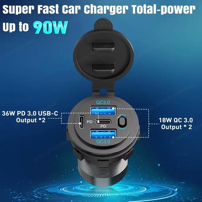 Prise USB 12V à quatre ports avec interrupteur à bouton 96W double QC3.0 et double prise de chargeur de voiture PD3.0 USB-C pour camion moto RV camping-car occasions spéciales