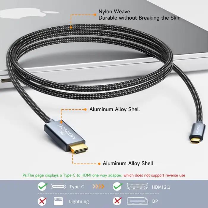 Câble tressé USB C vers HDMI 2.1 8K 60Hz 4K 144Hz Compatible avec Smartphones Ordinateurs Télévisions et Appareils Photo Occasions Spéciales Gaming Cinéma
