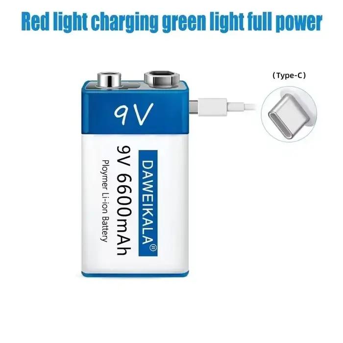 Batterie rechargeable Li-Ion 9V 6600mAh pour appareils photo et électroniques, avec recharge USB pour jouets, détecteurs de fumée et plus