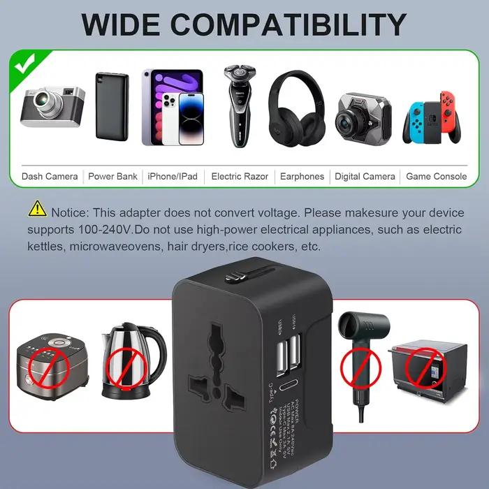 Adaptateur de voyage universel avec 2 Ports USB ou type-c pour recharge mondiale occasions spéciales globetrotters routards et voyageurs d'affaires