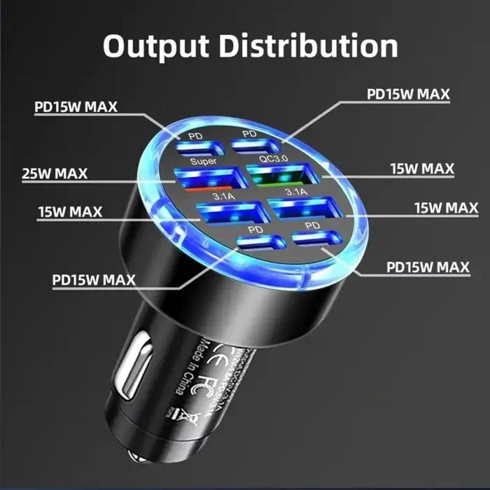 Chargeur de voiture super rapide 8-en-1 – Prise de charge rapide pour iPhone 17 16 15 14 Pro Max, Samsung, Oppo, Vivo, tablettes, ordinateurs portables et appareils intelligents