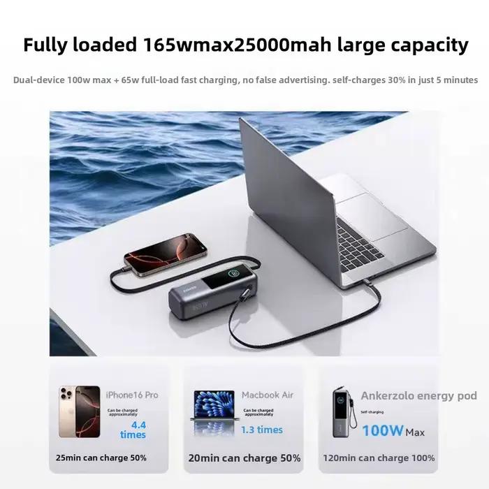 Banque d'alimentation portable Anker Zolo Energy Cabin 25000mAh avec charge rapide 165W et câbles intégrés pour iPhone et ordinateur portable occasions professionnelles et voyage