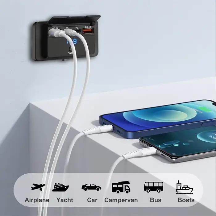 Chargeur de Voiture Multi-Ports PD+QC3.0 avec Interrupteur pour Recharge Rapide Compatible Téléphones Tablette GPS Occasions Spéciales