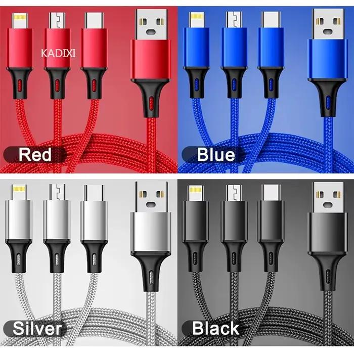 Câble de charge rapide USB 3 en 1 KADIXI tressé en nylon pour iPhone Huawei Samsung multi-chargeur occasions spéciales femmes hommes