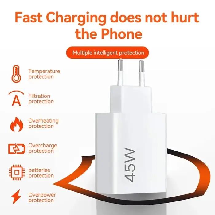 Chargeur Xiaomi EU Turbo 45W Charge 6A Câble Type C 1M pour Redmi Note 14 13 12T 11T Pro Mi 13T 12 10 9 Pad 7 6