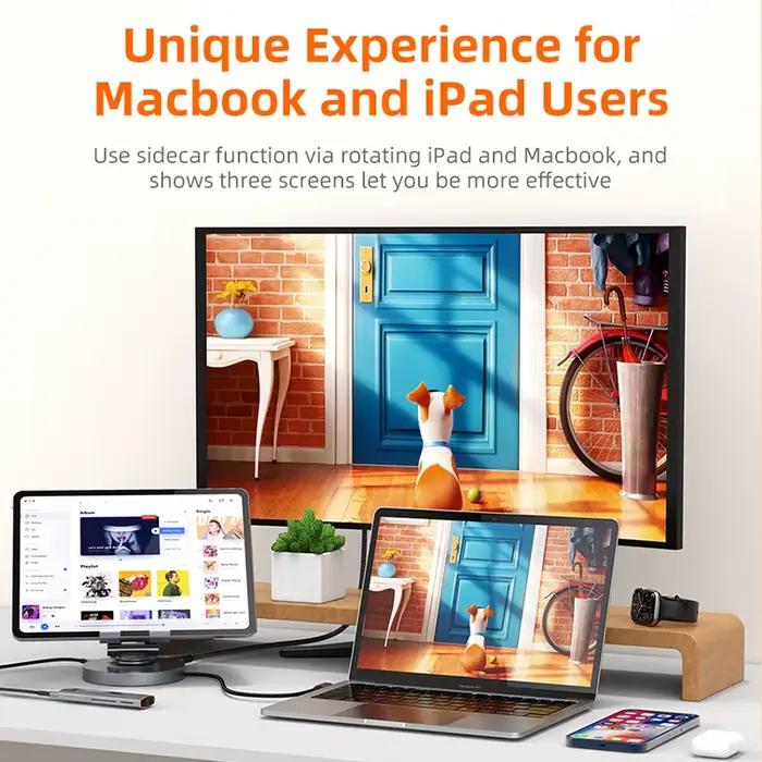 CABLETIME USB C Hub 8 en 1 DOCK 360 support rotatif HDMI 4K 60Hz PD 100W USB 5Gbps SD TF Aux 3.5mm pour iPhone iPad Pro tablette
