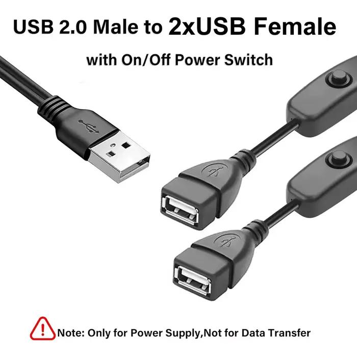 Câble d'extension USB 1 à 2 avec interrupteur marche arrêt séparateur mâle à femelle cordon de chargement en Y pour lampe LED ventilateur bande LED occasiões spéciales