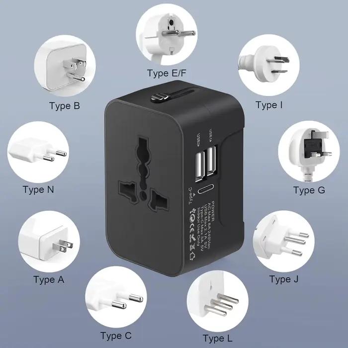 Adaptateur de voyage universel avec 2 Ports USB ou type-c pour recharge mondiale occasions spéciales globetrotters routards et voyageurs d'affaires