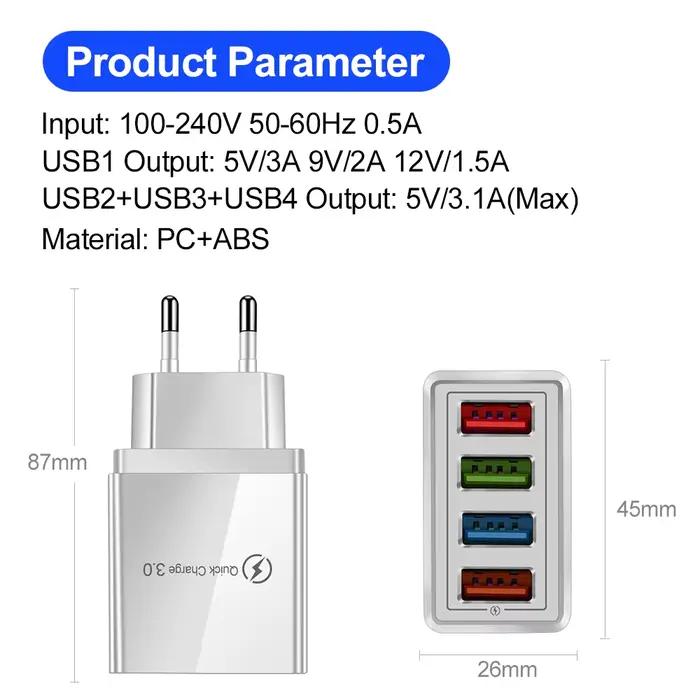 Chargeur USB 3A 4 ports USB Charge rapide 3.0 prise ue US
