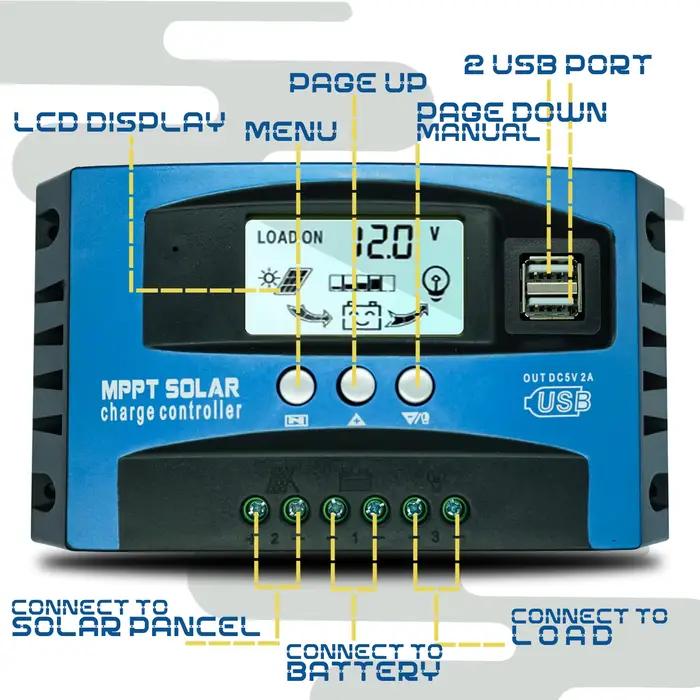 Polestar contrôleur de Charge solaire 12V 24V 60A 80A 100A double USB écran LCD cellule automatique MPPT panneau