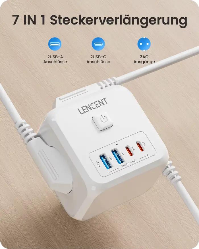 LENCENT Dés à prises multiples sans prise de câble Extender de prise UE avec ports USB A et type-c