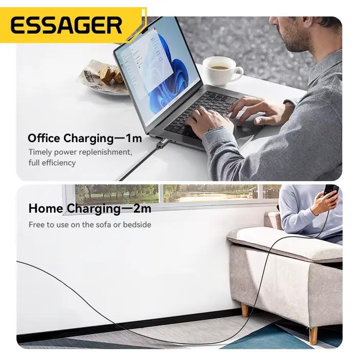 Câble de charge rapide ESSAGER Type C à C affichage numérique pour MacBook Pro/Air iPhone 16/15/14 iPad 925W alliage d'aluminium tresse