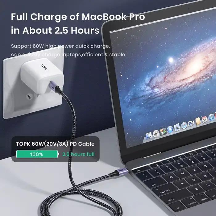 TOPK 60W PD Chargeur Rapide Câble USB C à USB Type C