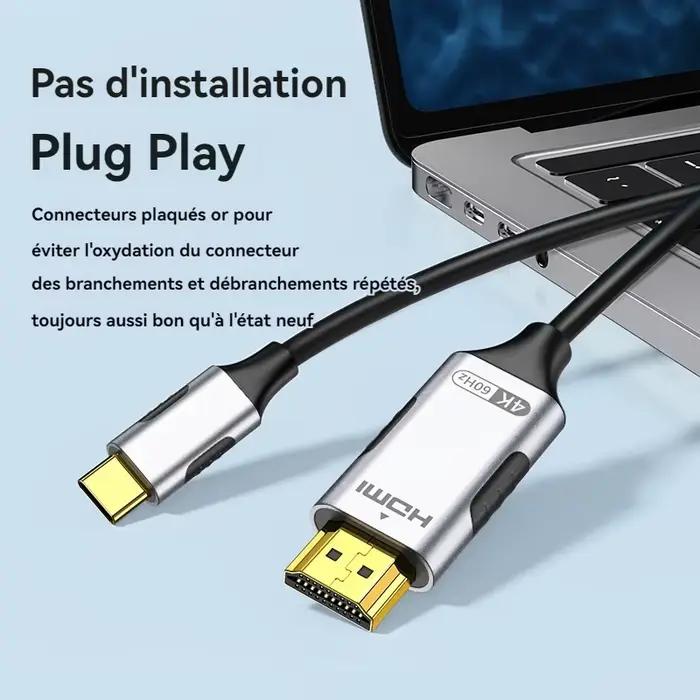 Câble USB-C vers HDMI 4K 60Hz 2m pour iPhone 15, MacBook Pro, Galaxy - Compatible Téléviseur, Projecteur, Moniteur - Plug & Play Facile - Haute Durabilité - Multimédia Immersif