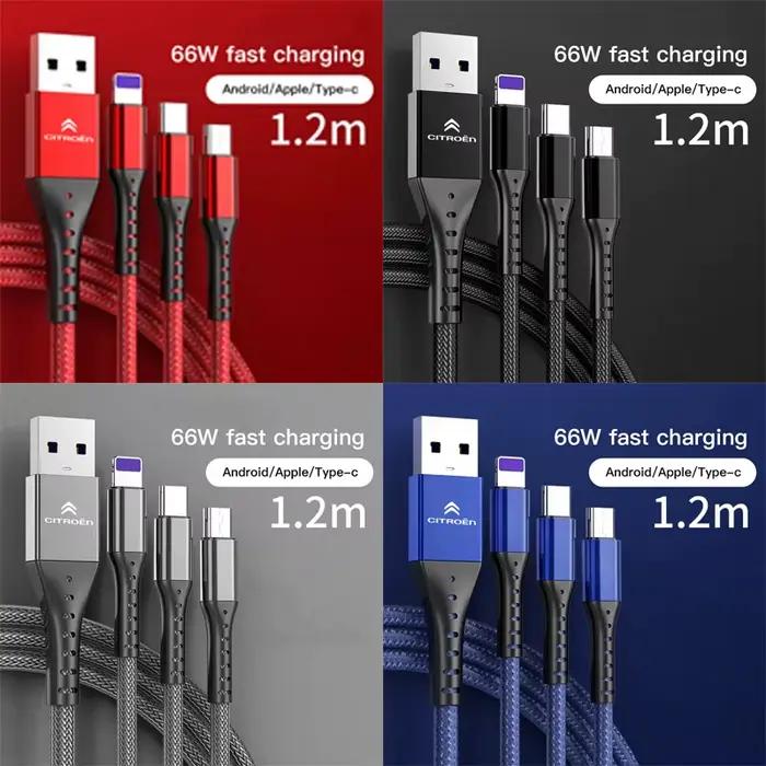 Câble de chargement USB 3 en 1 pour Citroën C1 DS3 C2 C3 VTS C4 Saxo C4L C5 C6 C8 Xsara C3XR Picasso Blanc Gris Rouge Noir