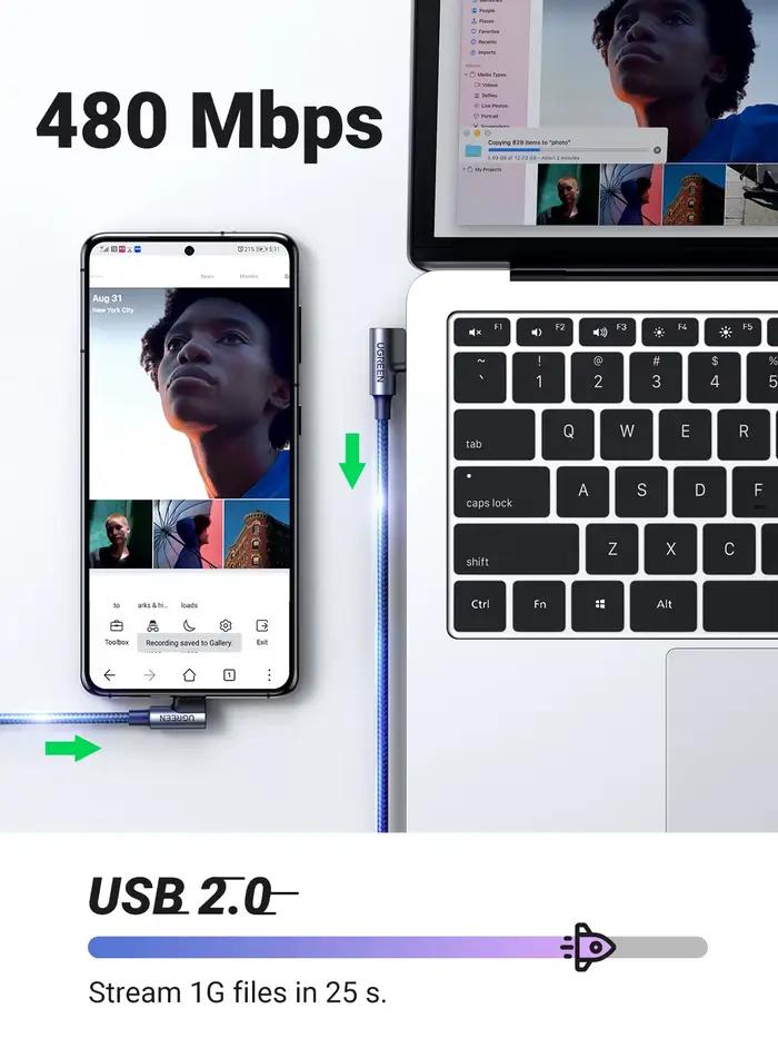 UGREEN Double 90 ° Câble USB-C à angle droit en forme de L pour iPhone 17 Samsung Xiaomi