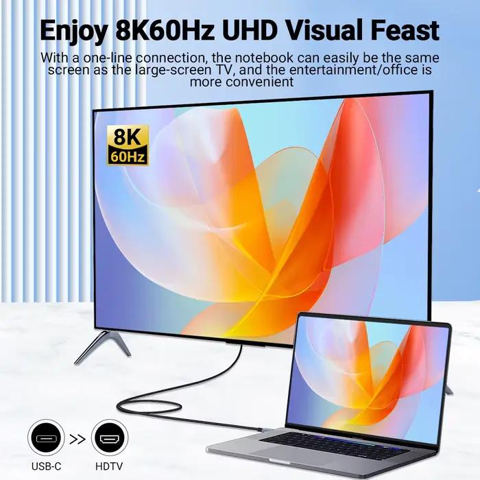 Câble de Type C vers HDMI 8k @ 60Hz 4K @ 120Hz, adaptateur de câble HDTV USB C vers HDMI pour convertisseur TV MacBook iPad iPhone Samsung