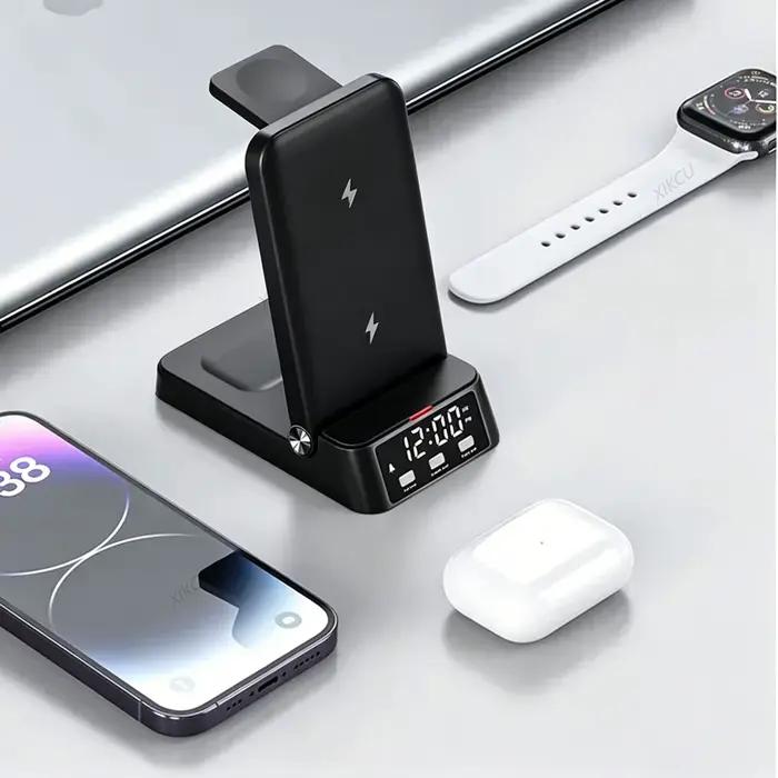 Station de charge rapide 4-en-1 pliable avec réveil et support pour téléphone