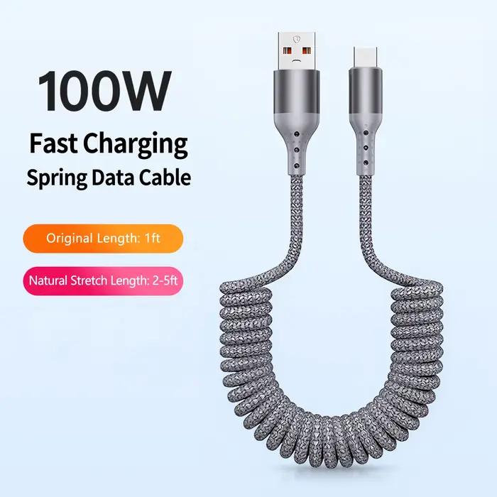 Câble de charge USB A vers Type C en spirale à angle droit de 90 degrés pour voiture