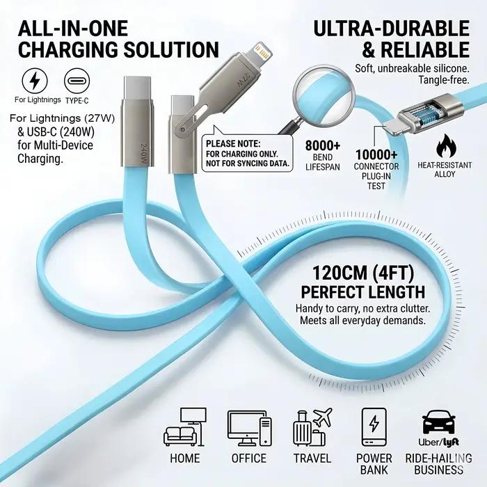 Câble de charge pour téléphone portable 2-en-1 USB-C vers Type-C