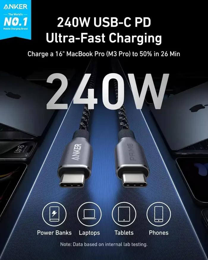 Câble USB C Anker Prime 240W Nylon Recyclé 100 Ans Durabilité Pour Téléphones Mobiles Ordinateurs Occasions Spéciales